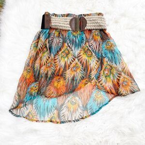 Rachael & Chloe Autumn Peacock Sheer High Low Belted Skirt